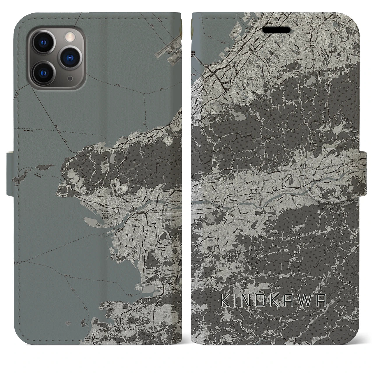 【紀の川】地図柄iPhoneケース（手帳両面タイプ・モノトーン）iPhone 11 Pro Max 用