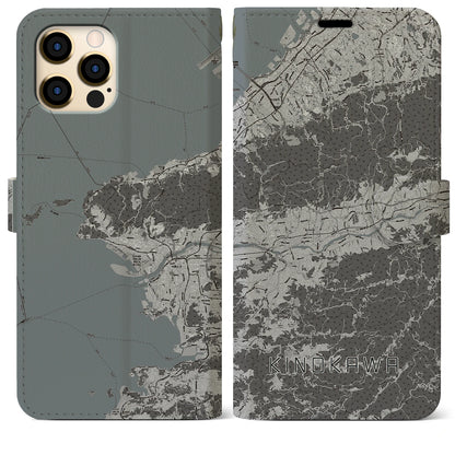 【紀の川（和歌山県）】地図柄iPhoneケース（手帳タイプ）モノトーン・iPhone 12 Pro Max 用