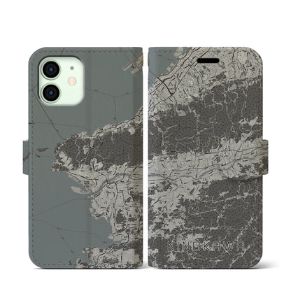 【紀の川（和歌山県）】地図柄iPhoneケース（手帳タイプ）モノトーン・iPhone 12 mini 用