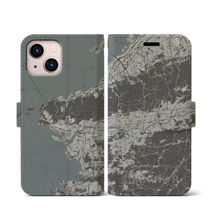 【紀の川（和歌山県）】地図柄iPhoneケース（手帳タイプ）モノトーン・iPhone 13 mini 用