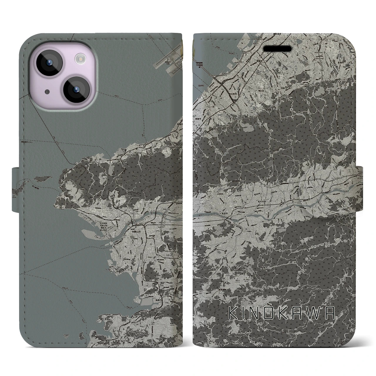 【紀の川】地図柄iPhoneケース（手帳両面タイプ・モノトーン）iPhone 14 用