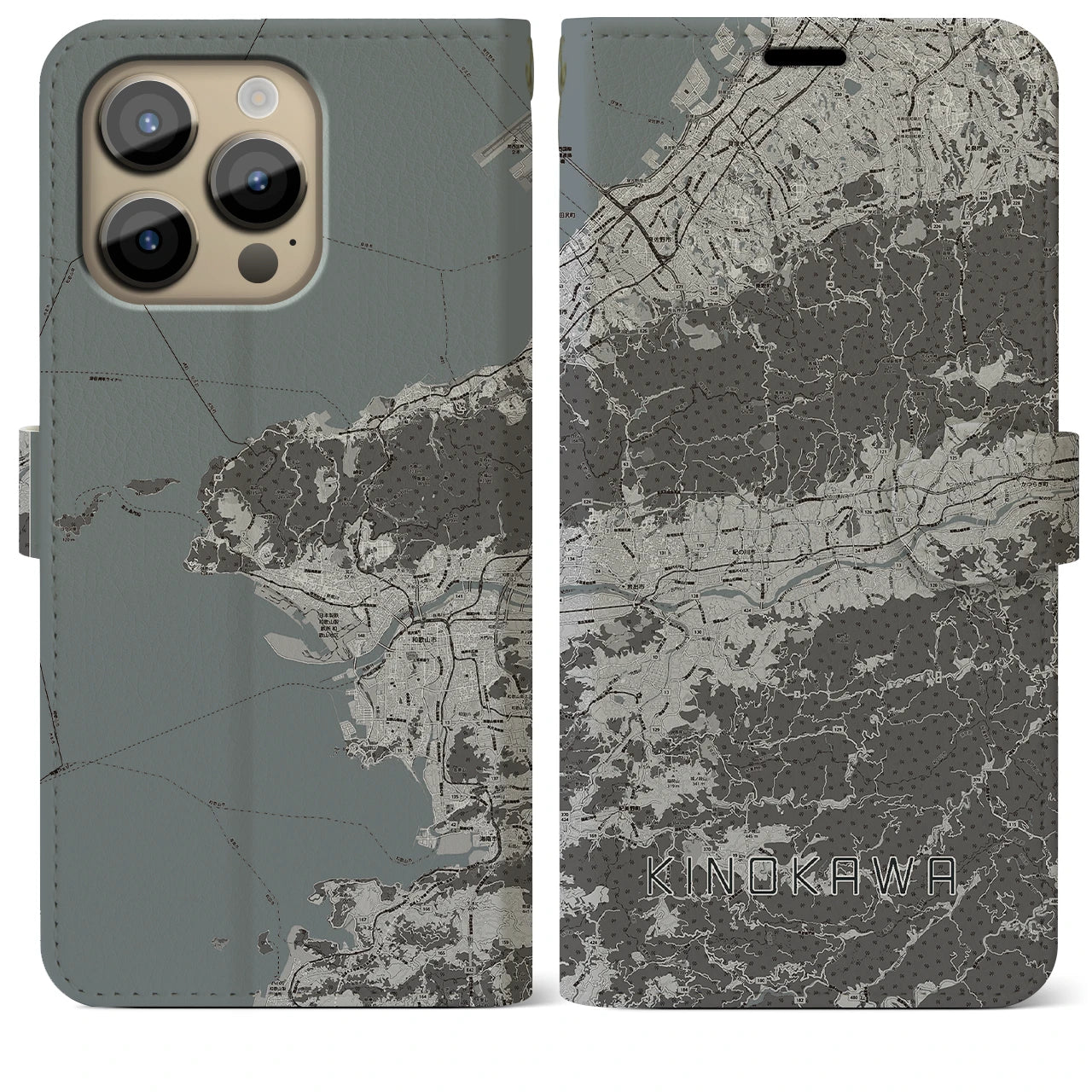 【紀の川】地図柄iPhoneケース（手帳両面タイプ・モノトーン）iPhone 14 Pro Max 用