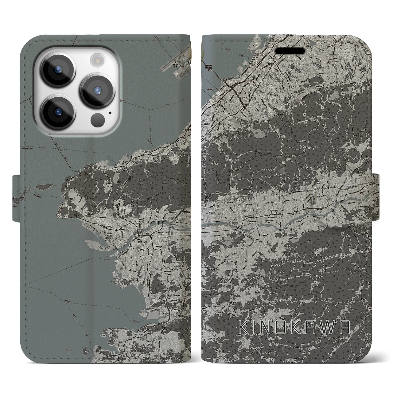 【紀の川】地図柄iPhoneケース（手帳両面タイプ・モノトーン）iPhone 14 Pro 用