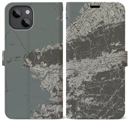 【紀の川（和歌山県）】地図柄iPhoneケース（手帳タイプ）モノトーン・iPhone 14 Plus 用