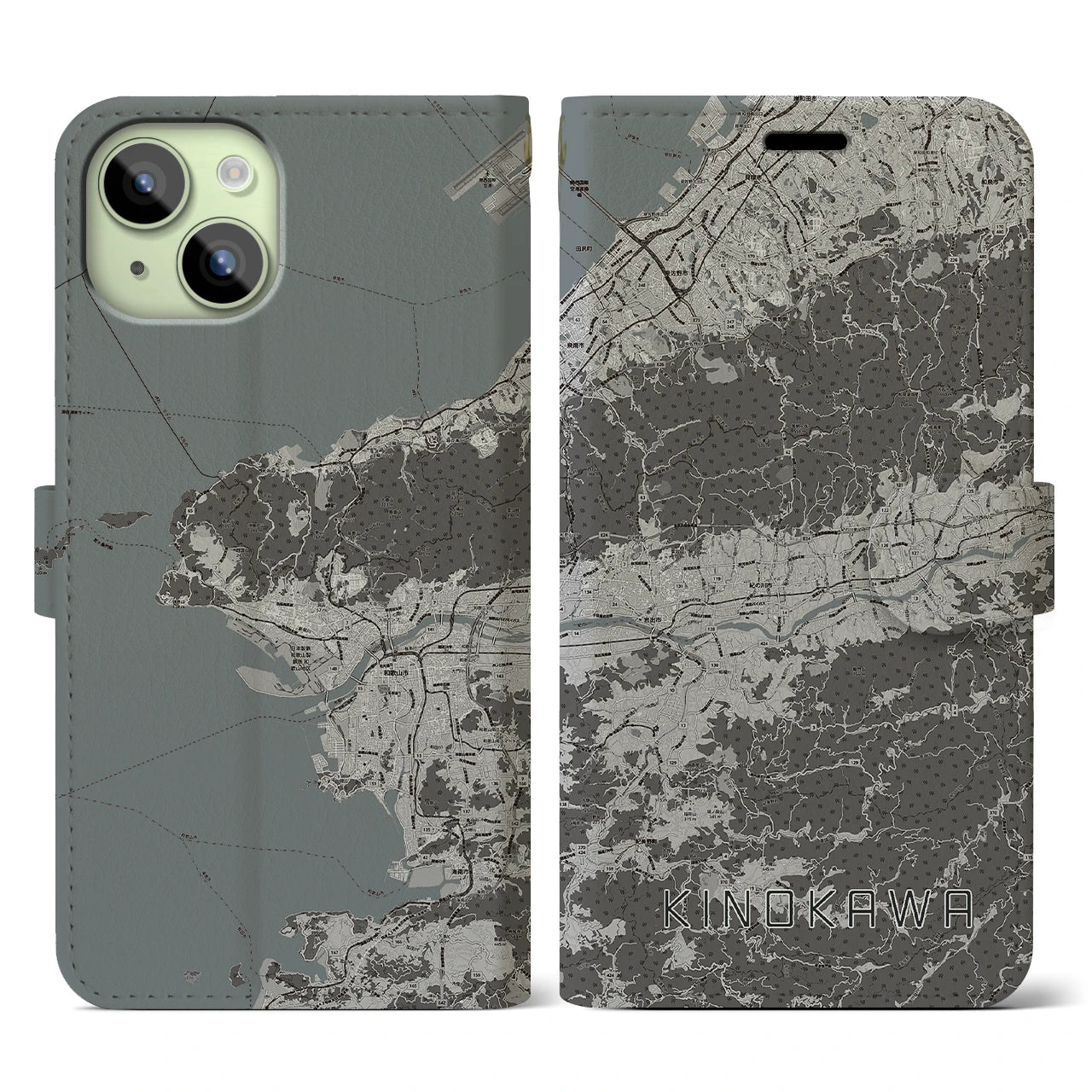 【紀の川】地図柄iPhoneケース（手帳両面タイプ・モノトーン）iPhone 15 用