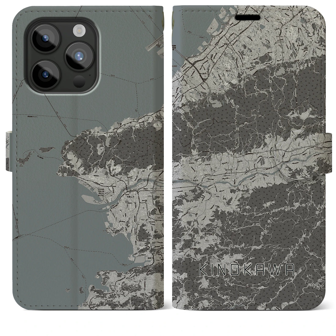 【紀の川】地図柄iPhoneケース（手帳両面タイプ・モノトーン）iPhone 15 Pro Max 用