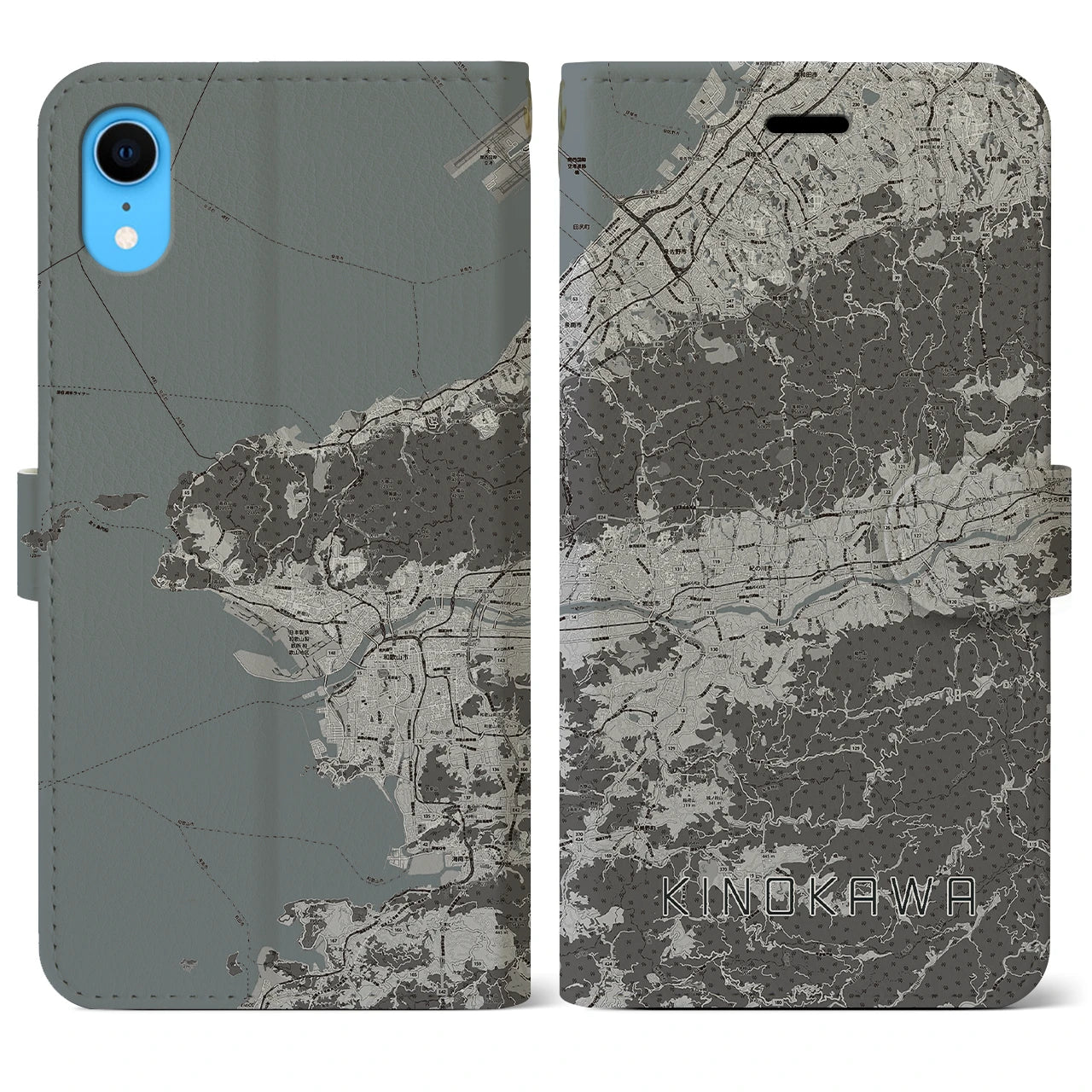 【紀の川】地図柄iPhoneケース（手帳両面タイプ・モノトーン）iPhone XR 用