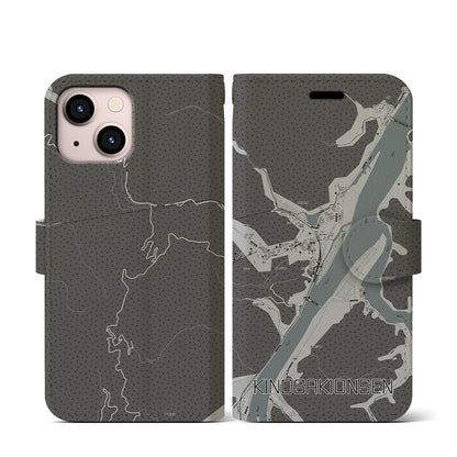 【城崎温泉（兵庫県）】地図柄iPhoneケース（手帳タイプ）モノトーン・iPhone 13 mini 用