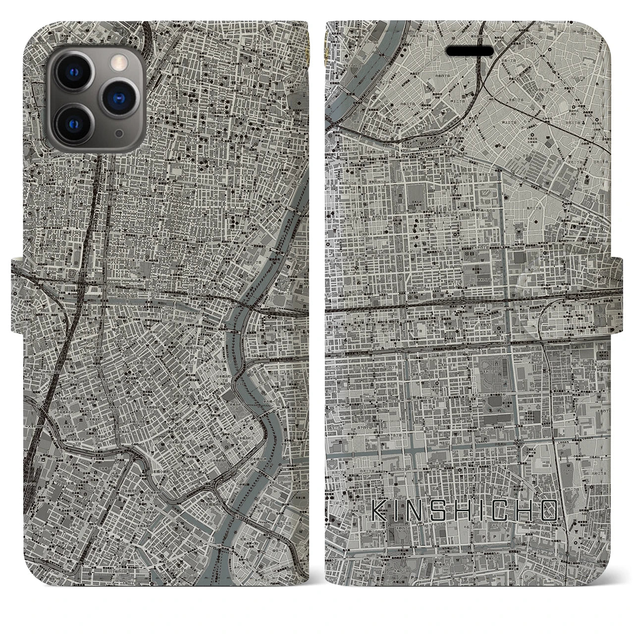 【錦糸町】地図柄iPhoneケース（手帳両面タイプ・モノトーン）iPhone 11 Pro Max 用