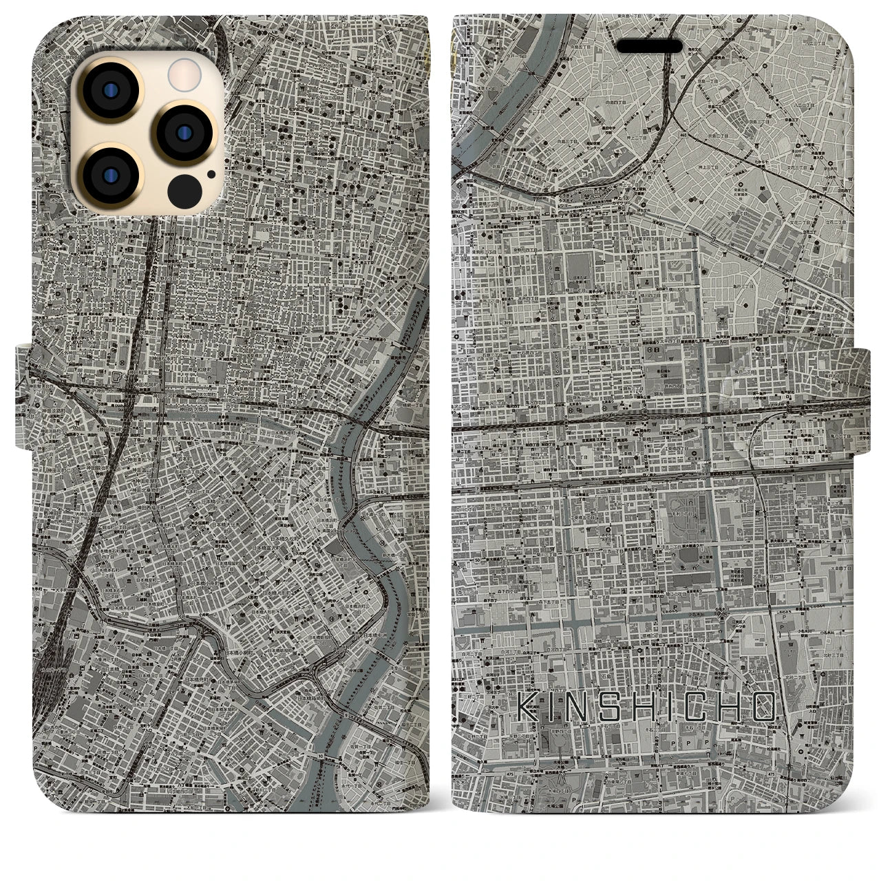 【錦糸町】地図柄iPhoneケース（手帳両面タイプ・モノトーン）iPhone 12 Pro Max 用