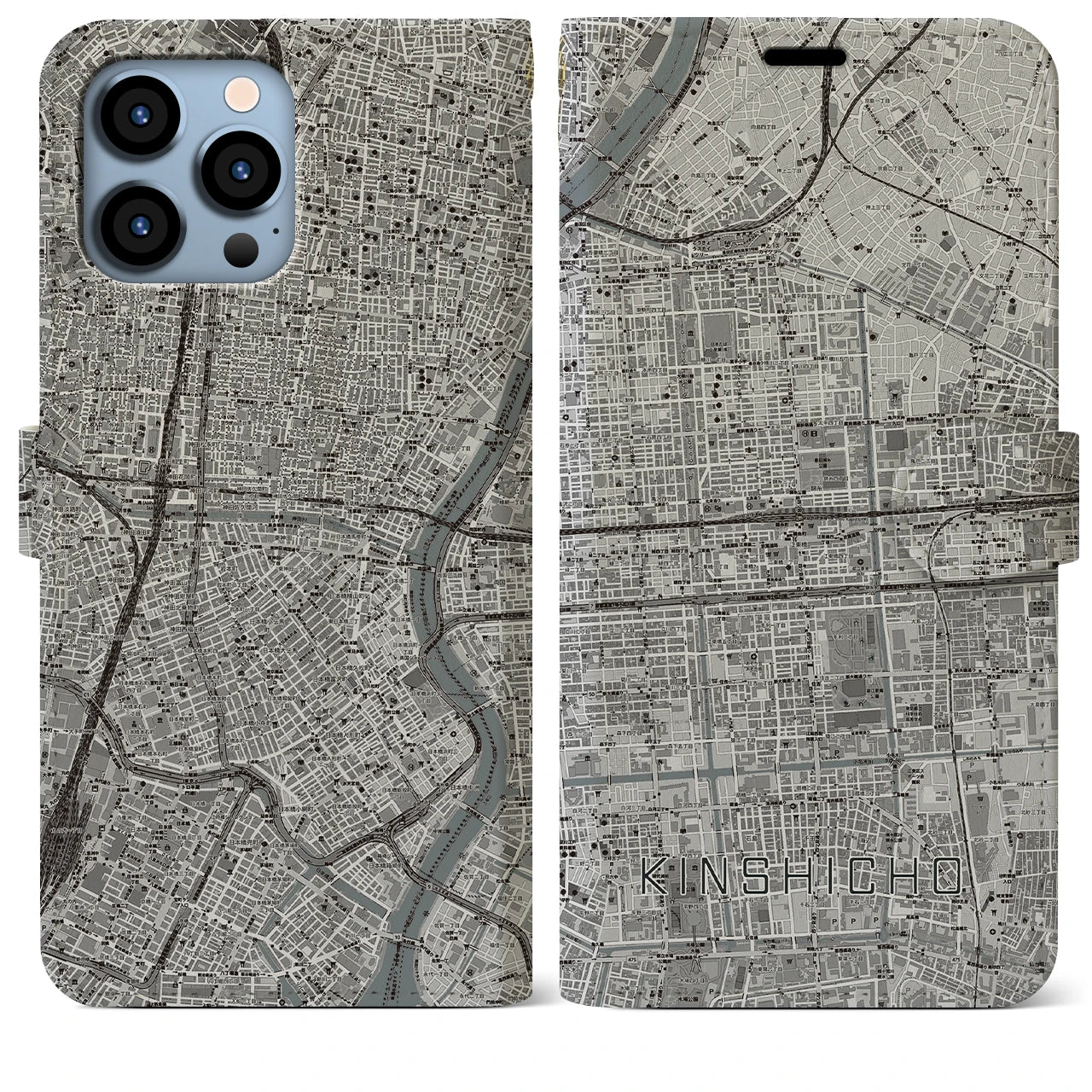 【錦糸町】地図柄iPhoneケース（手帳両面タイプ・モノトーン）iPhone 13 Pro Max 用