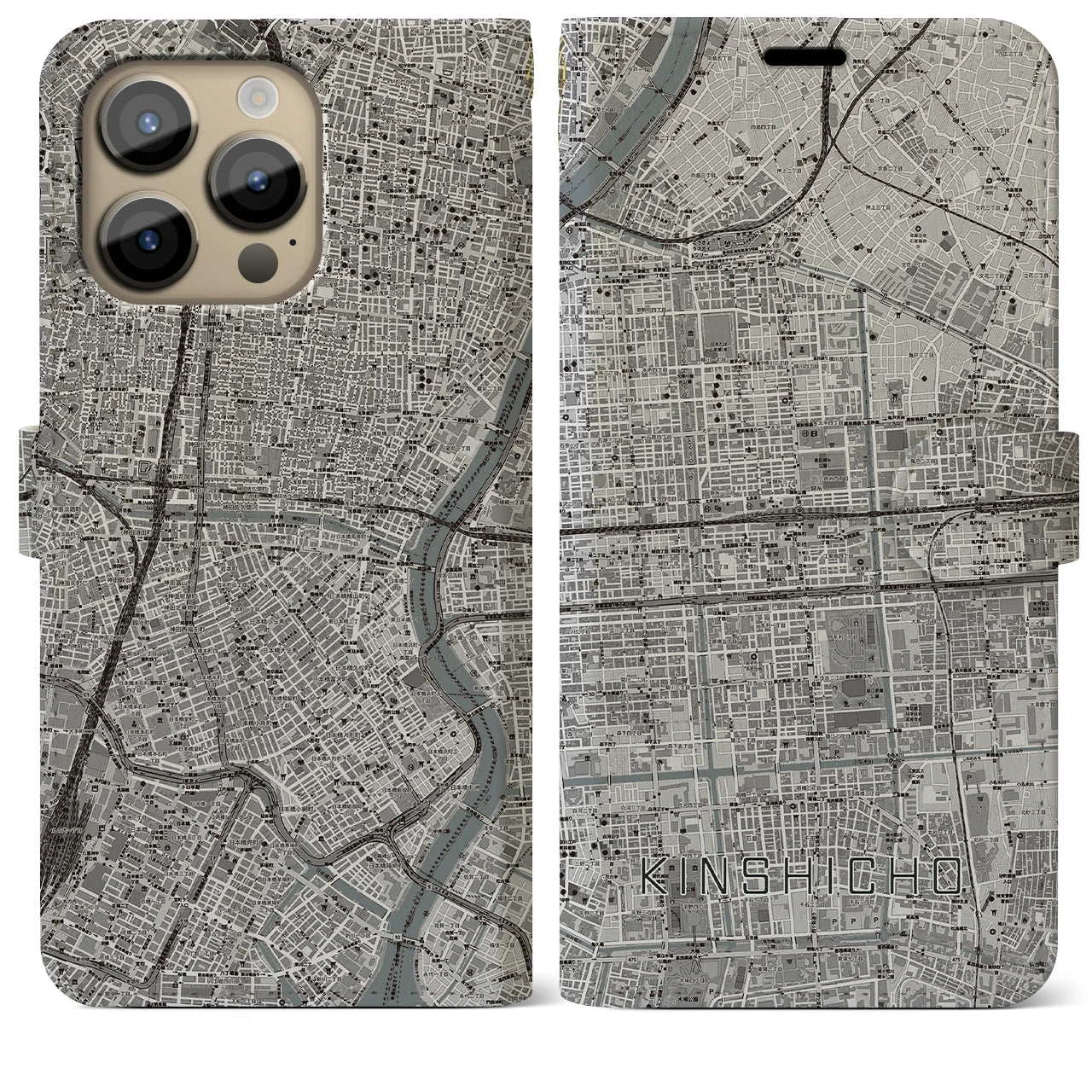 【錦糸町】地図柄iPhoneケース（手帳両面タイプ・モノトーン）iPhone 14 Pro Max 用