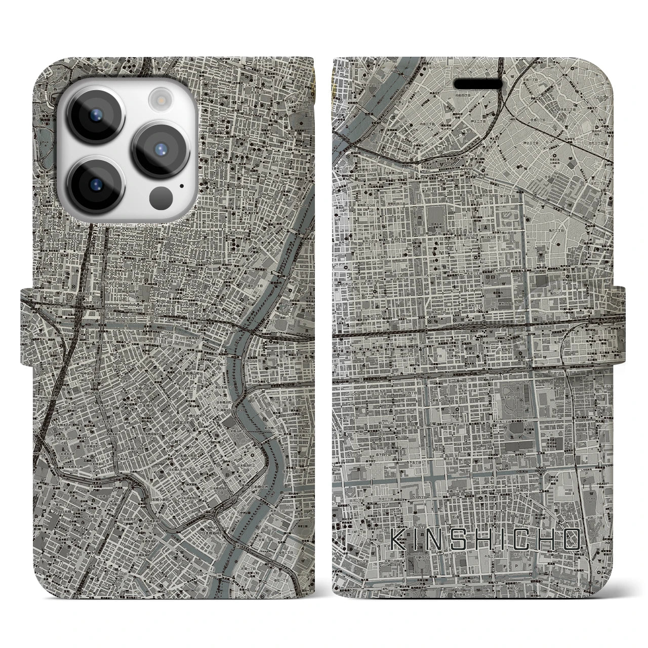 【錦糸町】地図柄iPhoneケース（手帳両面タイプ・モノトーン）iPhone 14 Pro 用