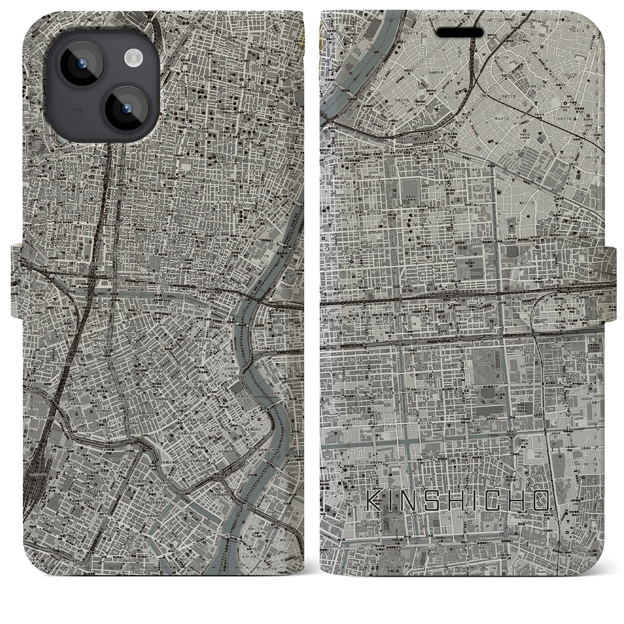 【錦糸町】地図柄iPhoneケース（手帳両面タイプ・モノトーン）iPhone 14 Plus 用