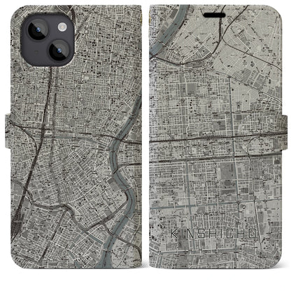 【錦糸町（東京都）】地図柄iPhoneケース（手帳タイプ）モノトーン・iPhone 14 Plus 用