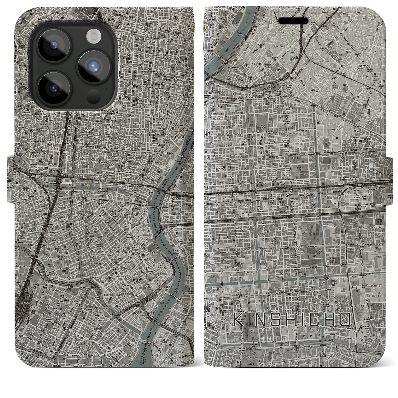 【錦糸町】地図柄iPhoneケース（手帳両面タイプ・モノトーン）iPhone 15 Pro Max 用
