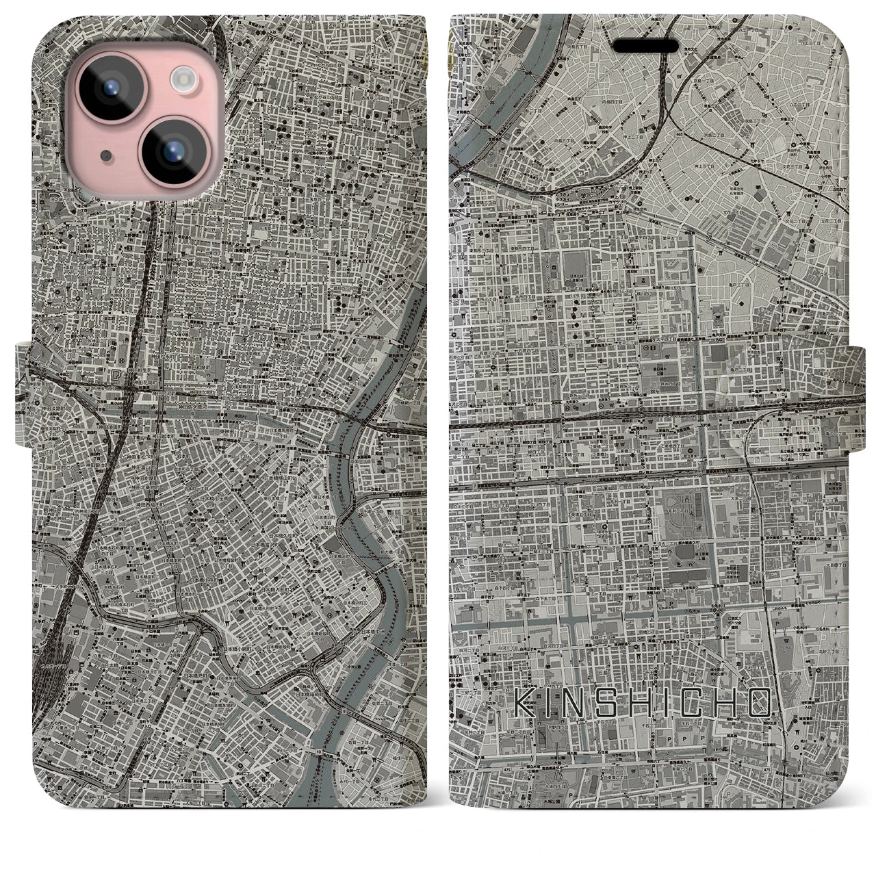 【錦糸町】地図柄iPhoneケース（手帳両面タイプ・モノトーン）iPhone 15 Plus 用