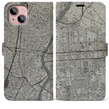 【錦糸町（東京都）】地図柄iPhoneケース（手帳タイプ）モノトーン・iPhone 15 Plus 用