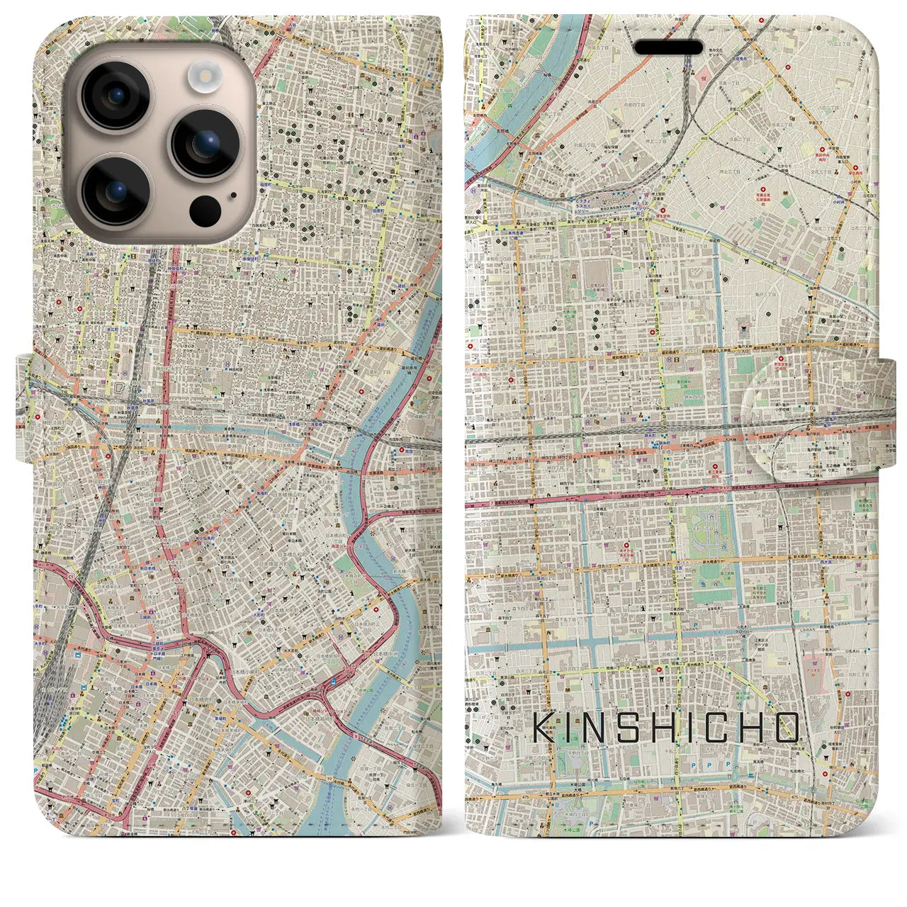 【錦糸町（東京都）】地図柄iPhoneケース（手帳タイプ）ナチュラル・iPhone 16 Plus 用