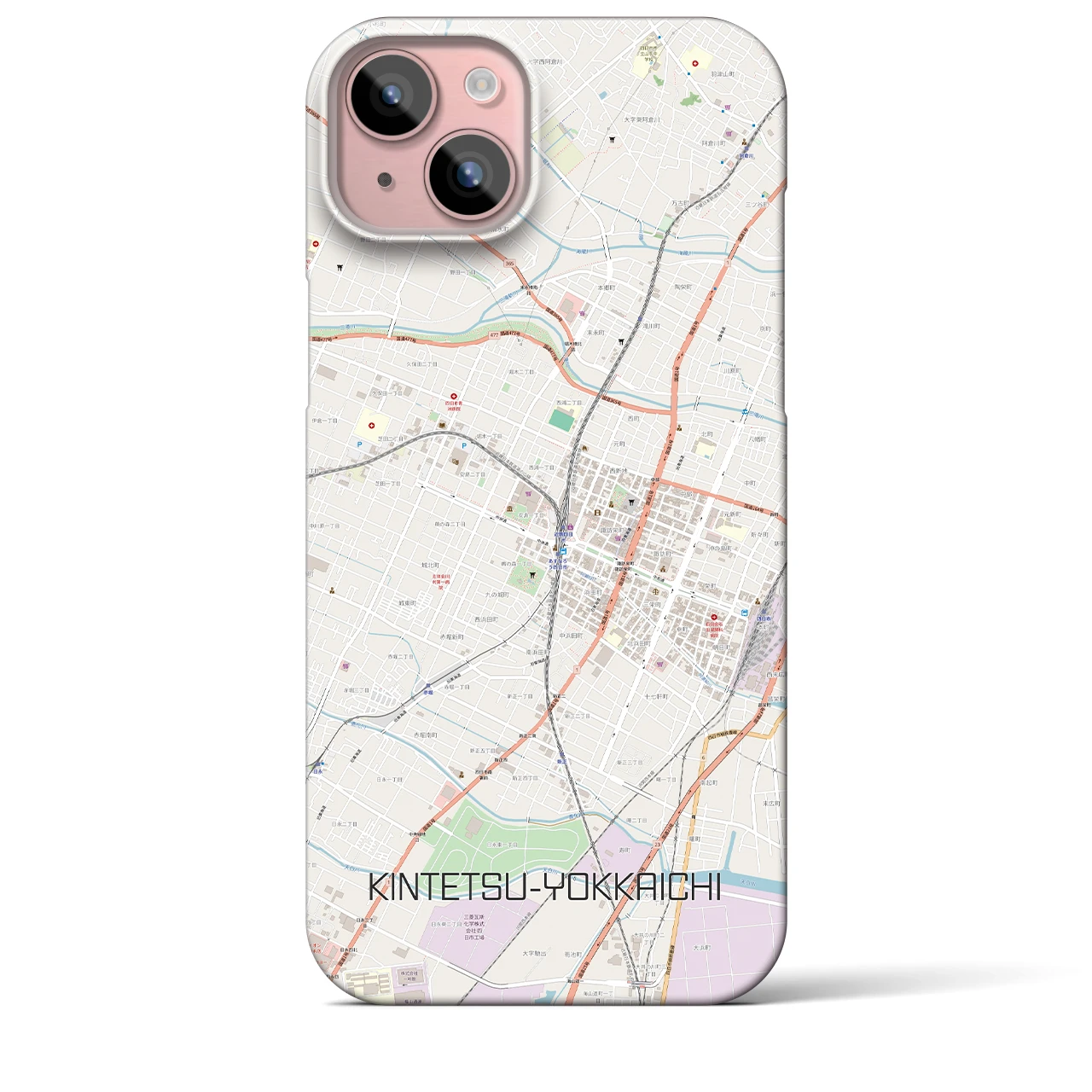 【近鉄四日市】地図柄iPhoneケース（バックカバータイプ・ナチュラル）iPhone 15 Plus 用