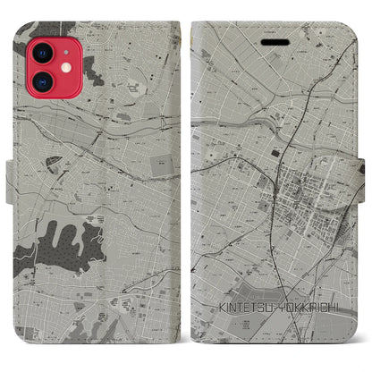 【近鉄四日市（三重県）】地図柄iPhoneケース（手帳タイプ）モノトーン・iPhone 11 用