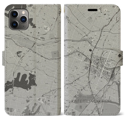 【近鉄四日市（三重県）】地図柄iPhoneケース（手帳タイプ）モノトーン・iPhone 11 Pro Max 用