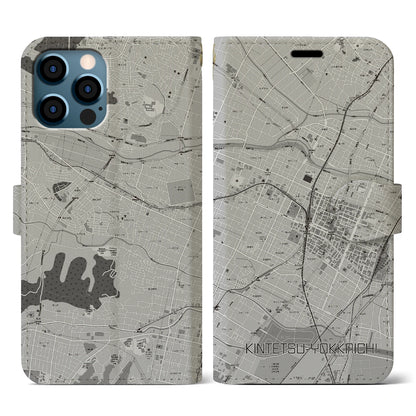 【近鉄四日市（三重県）】地図柄iPhoneケース（手帳タイプ）モノトーン・iPhone 12 / 12 Pro 用