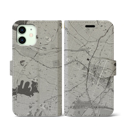 【近鉄四日市（三重県）】地図柄iPhoneケース（手帳タイプ）モノトーン・iPhone 12 mini 用