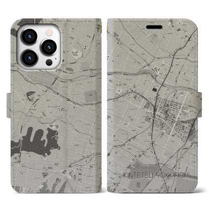 【近鉄四日市（三重県）】地図柄iPhoneケース（手帳タイプ）モノトーン・iPhone 13 Pro 用