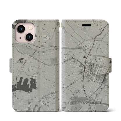 【近鉄四日市（三重県）】地図柄iPhoneケース（手帳タイプ）モノトーン・iPhone 13 mini 用