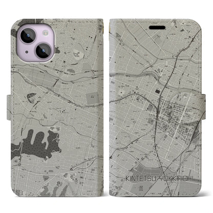【近鉄四日市（三重県）】地図柄iPhoneケース（手帳タイプ）モノトーン・iPhone 14 用