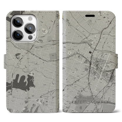 【近鉄四日市（三重県）】地図柄iPhoneケース（手帳タイプ）モノトーン・iPhone 14 Pro 用