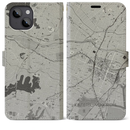 【近鉄四日市（三重県）】地図柄iPhoneケース（手帳タイプ）モノトーン・iPhone 14 Plus 用