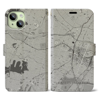【近鉄四日市（三重県）】地図柄iPhoneケース（手帳タイプ）モノトーン・iPhone 15 用