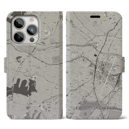 【近鉄四日市（三重県）】地図柄iPhoneケース（手帳タイプ）モノトーン・iPhone 15 Pro 用