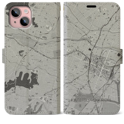 【近鉄四日市（三重県）】地図柄iPhoneケース（手帳タイプ）モノトーン・iPhone 15 Plus 用