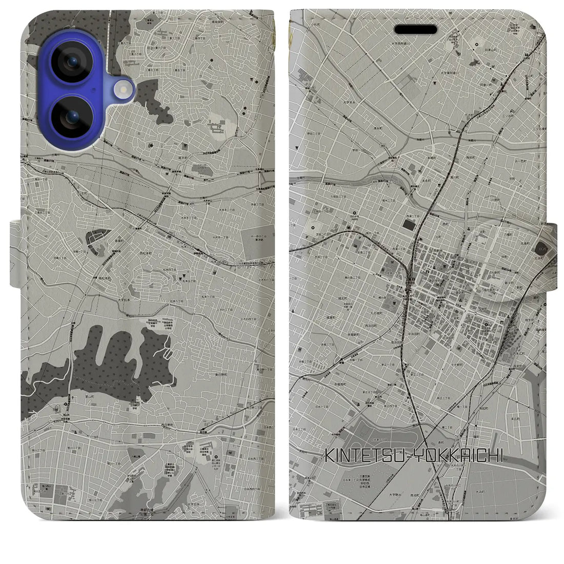 【近鉄四日市(三重県)】地図柄iPhoneケース(手帳タイプ)モノトーン・iPhone 16 Pro Max 用