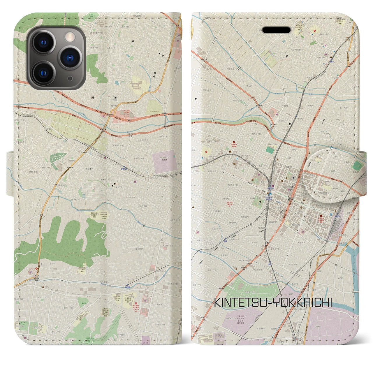 【近鉄四日市】地図柄iPhoneケース（手帳両面タイプ・ナチュラル）iPhone 11 Pro Max 用