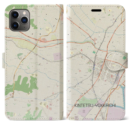 【近鉄四日市（三重県）】地図柄iPhoneケース（手帳タイプ）ナチュラル・iPhone 11 Pro Max 用