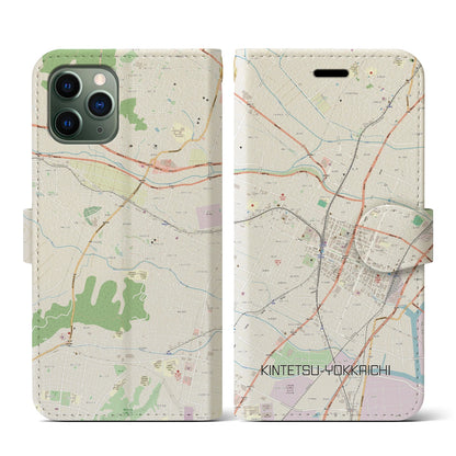 【近鉄四日市（三重県）】地図柄iPhoneケース（手帳タイプ）ナチュラル・iPhone 11 Pro 用