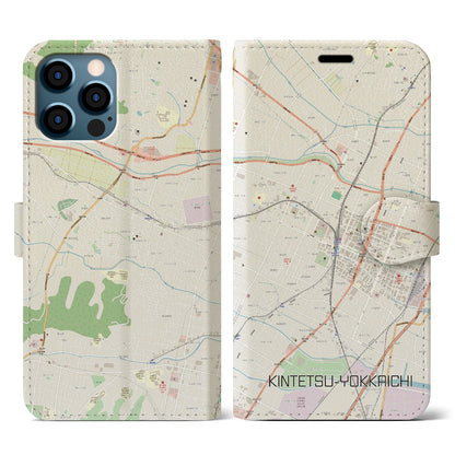 【近鉄四日市（三重県）】地図柄iPhoneケース（手帳タイプ）ナチュラル・iPhone 12 / 12 Pro 用