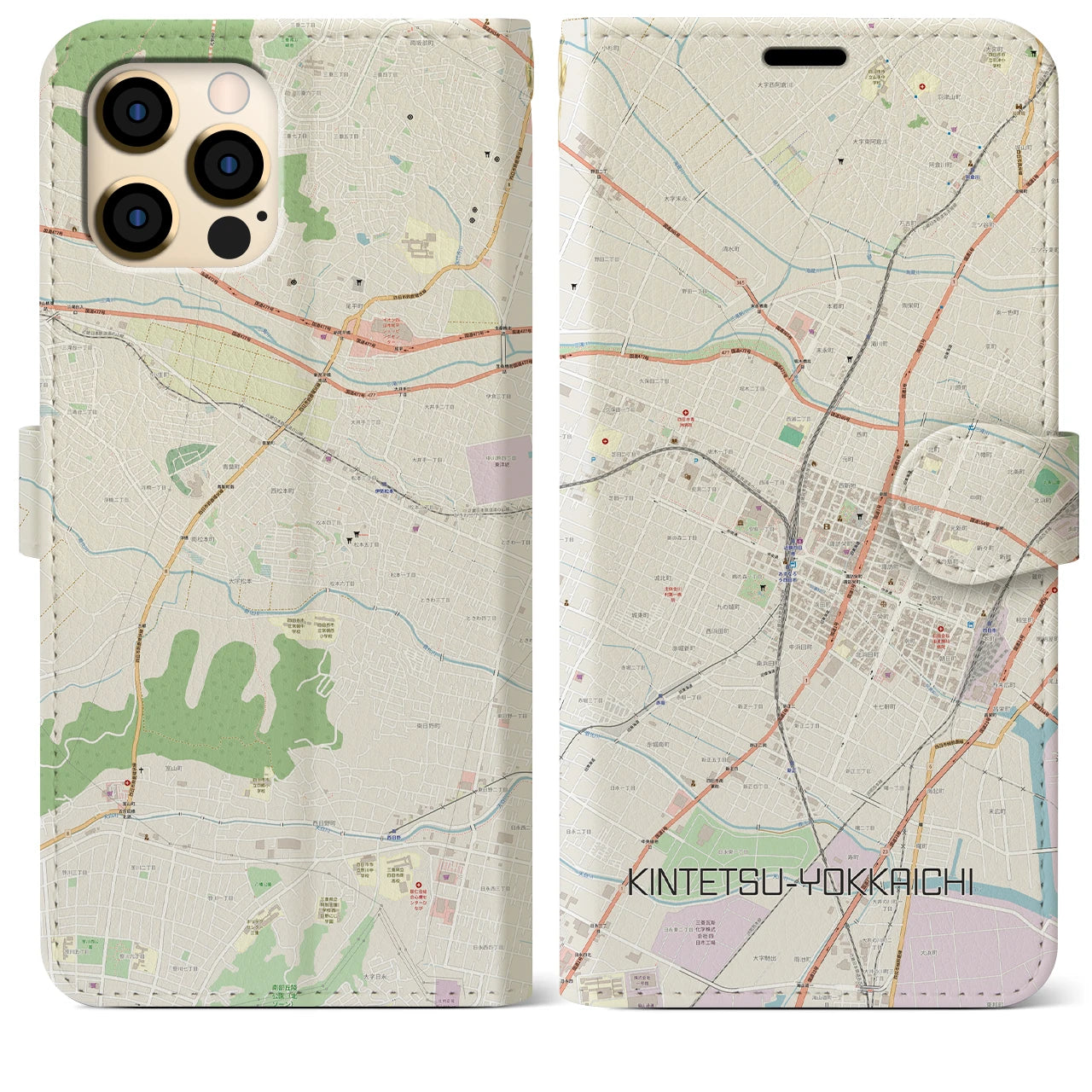 【近鉄四日市】地図柄iPhoneケース（手帳両面タイプ・ナチュラル）iPhone 12 Pro Max 用