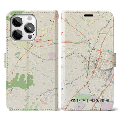 【近鉄四日市（三重県）】地図柄iPhoneケース（手帳タイプ）ナチュラル・iPhone 14 Pro 用