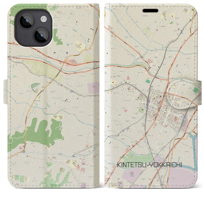 【近鉄四日市（三重県）】地図柄iPhoneケース（手帳タイプ）ナチュラル・iPhone 14 Plus 用