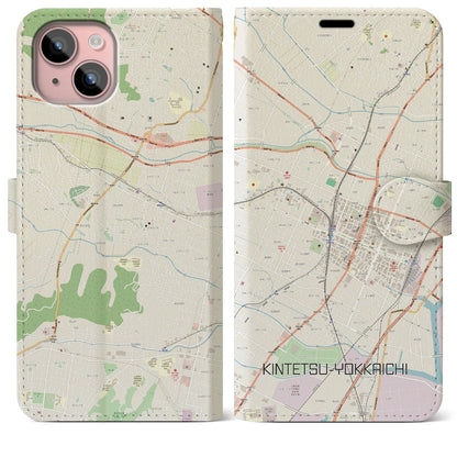 【近鉄四日市（三重県）】地図柄iPhoneケース（手帳タイプ）ナチュラル・iPhone 15 Plus 用