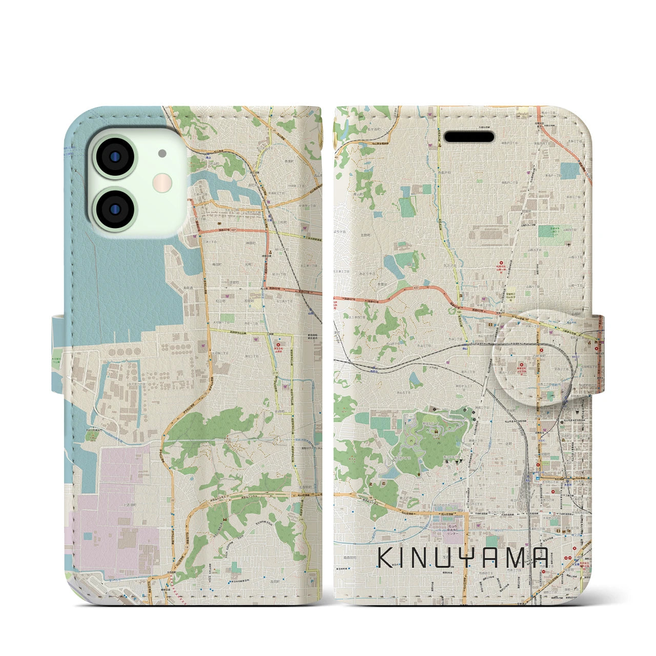 【衣山（愛媛県）】地図柄iPhoneケース（手帳タイプ）ナチュラル・iPhone 12 mini 用