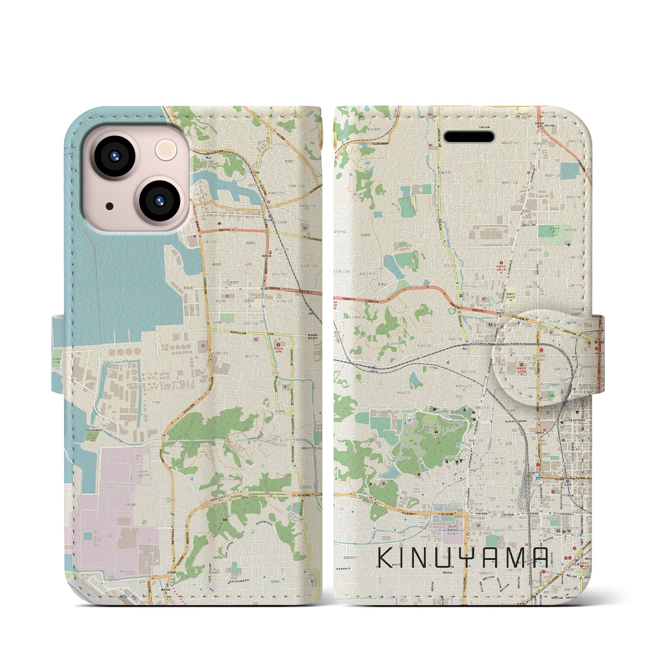 【衣山（愛媛県）】地図柄iPhoneケース（手帳タイプ）ナチュラル・iPhone 13 mini 用