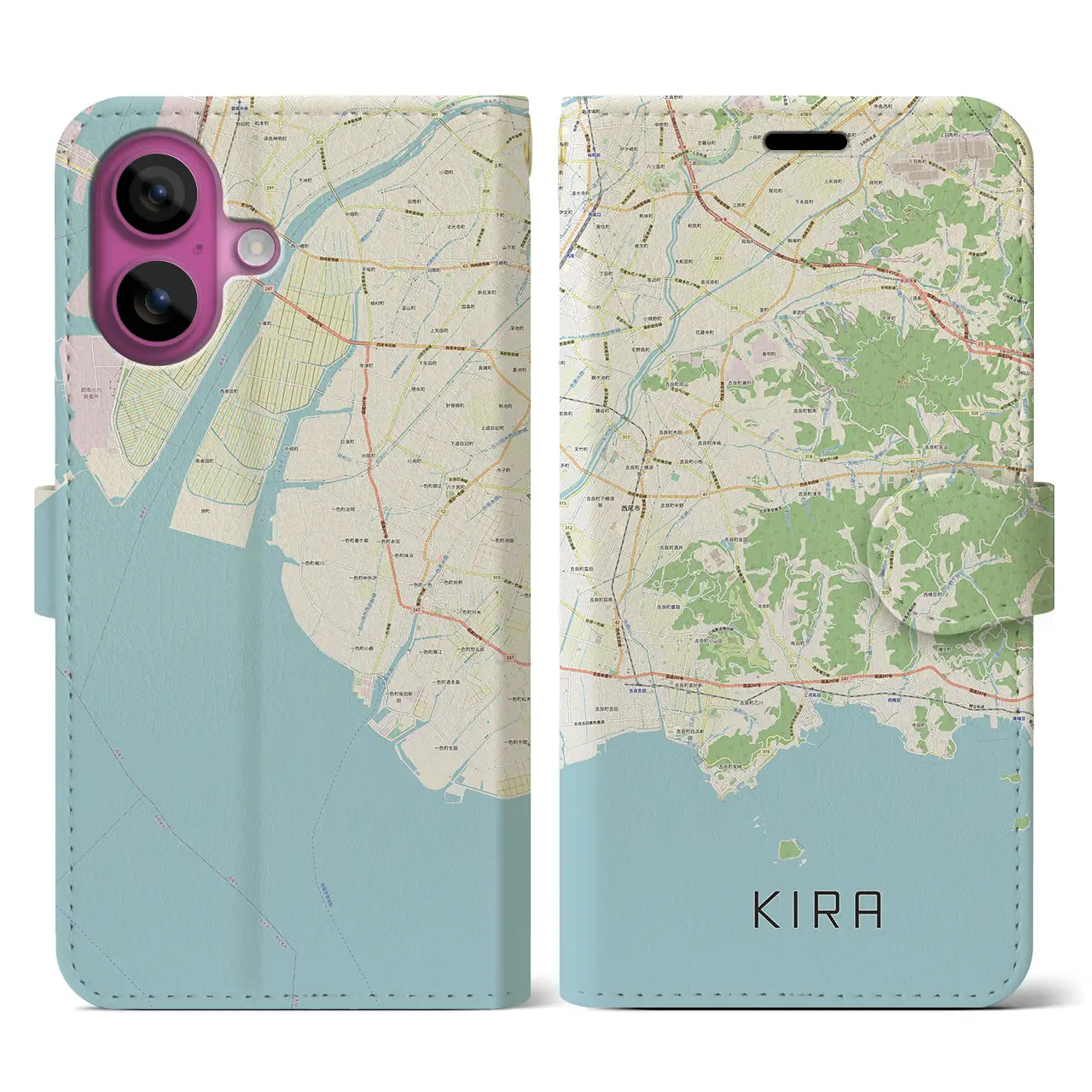 【吉良（愛知県）】地図柄iPhoneケース（手帳タイプ）ナチュラル・iPhone 16 Pro 用