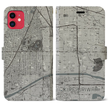 【喜連瓜破（大阪府）】地図柄iPhoneケース（手帳タイプ）モノトーン・iPhone 11 用