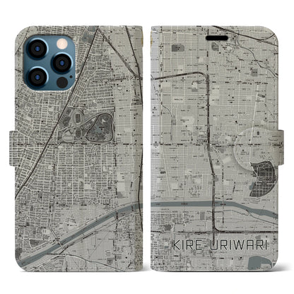 【喜連瓜破（大阪府）】地図柄iPhoneケース（手帳タイプ）モノトーン・iPhone 12 / 12 Pro 用